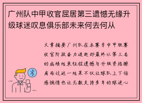广州队中甲收官屈居第三遗憾无缘升级球迷叹息俱乐部未来何去何从